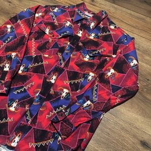 Vintage Wrangler Red Southwestern Longhorn Skull Western Shirt Mens 17.5 x 35 XL